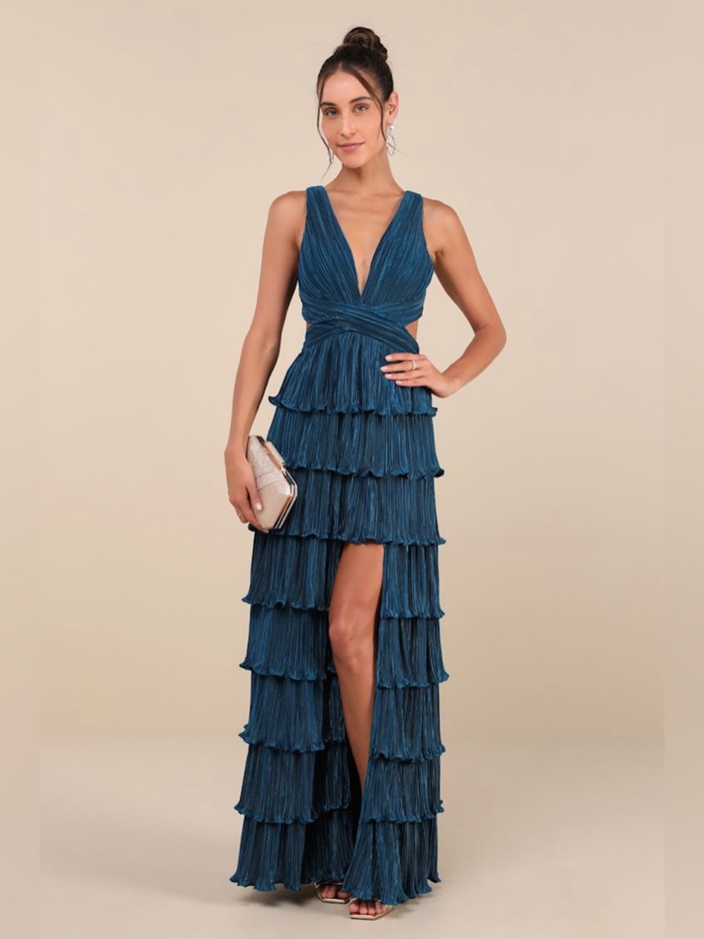 Nwt Lulus Beauty Icon Dark Teal Satin Pleated Tiered Lace-Up Maxi Dress